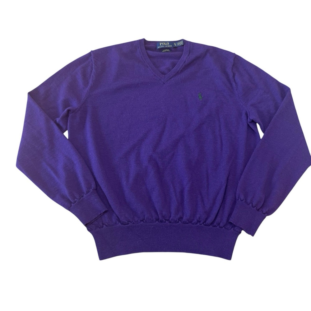 Polo Ralph Lauren Mens XL Purple Merino Wool V-Neck Custom Fit Sweater Pony Logo